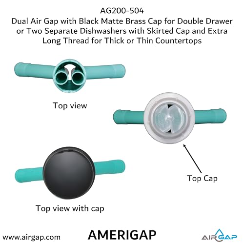 Dual Air Gap with Black Matte Brass Cap for Double Drawer or Two Separate Dishwashers with Skirted Cap and Extra Long Thread for Thick or Thin Countertops
