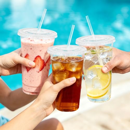 500 Pack 24 oz Clear Plastic Cups with Lids and Straws Disposable (500 Count)