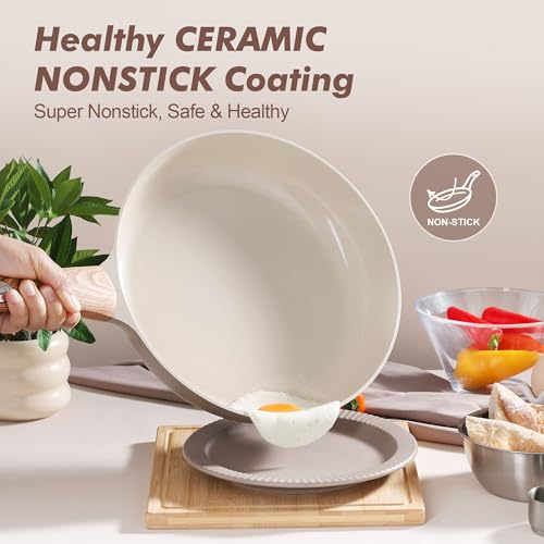 9.5inch Ceramic Nonstick Frying Pan Paella Pan with Lid