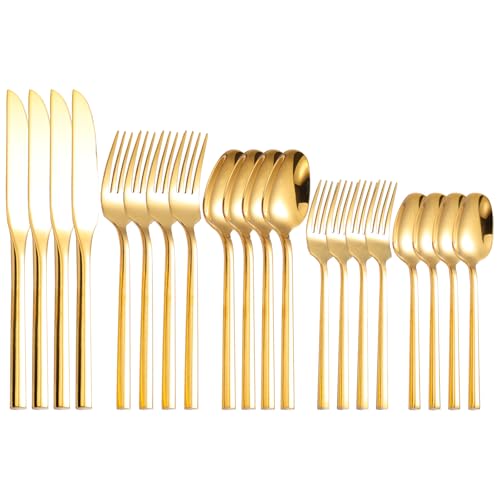 Mirror Silverware Set Gold Flatware Set with Hexagon Handle 20 Pieces 18 (20 Count)