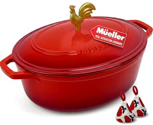 MUELLER HOME 5.5 Quart Enameled Cast Iron Oval Dutch Oven w Rooster Knob & Cotton Potholders