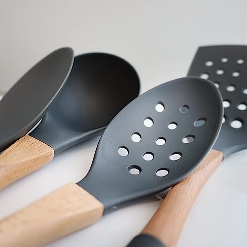 Grey Nylon Spoon with Wooden Handle Kitchen Utensils High Heat Resistance