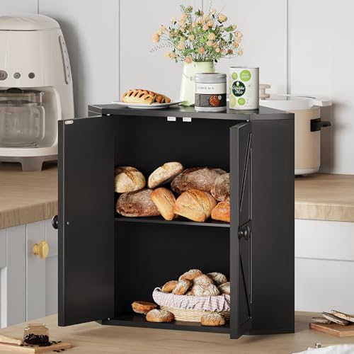 Corner Bread Box for Kitchen Counter Double Layer Bamboo Bread Storage Container Large Capacity Bread Storage Bin Farmhouse Breadbox Organizer