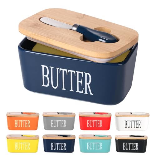 Ceramic Butter Dish with Bamboo Lid and Stainless Steel Knife Spreader