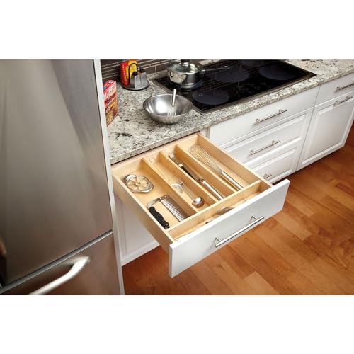 Trim-to-Custom-Fit Silverware Drawer Organizer For Kitchen Utensils, Cutlery Cabinet Storage Divider Insert, 23.98 x 21.97 In, Maple Wood, 4WUT-3