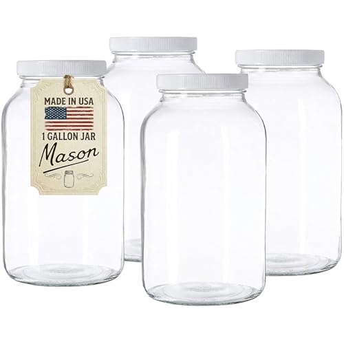 1 Gallon Glass Jar Wide Mouth with Airtight Foam Lined Plastic Lid (4 Count)