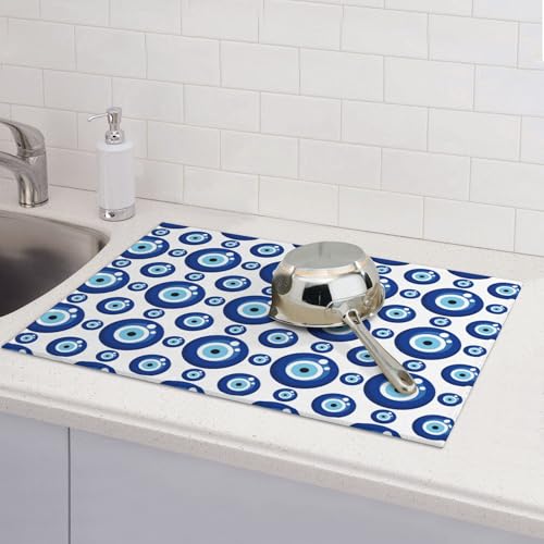 Blue Evil Eyes Microfiber Dish Drying Mat for Kitchen Counter 18"x24" Funny Dishes Pad Dish Drainer Rack Mats Absorbent Washable Reusable