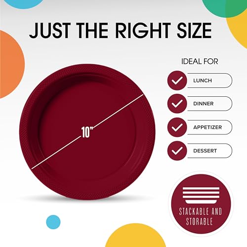 Sturdy Burgundy Plastic Plates 10" Party Plates 100 Pcs (100 Count)