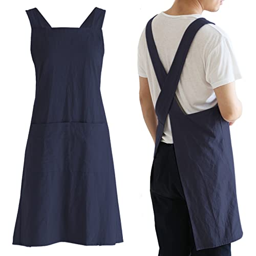 Japanese Linen Cross Back Kitchen Cooking Aprons for Men with Pockets for Baking Painting Gardening Cleaning Navy