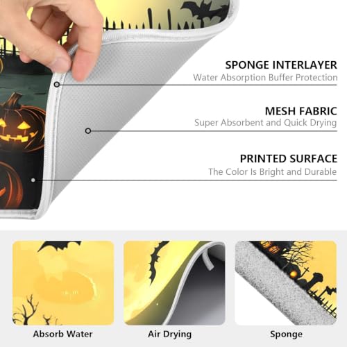 Halloween Night Pumpkins Witch Dish Drying Mat for Kitchen Counter Absorbent Microfiber Large Drying Pad Dish mats for Kitchen Countertops 18 x 24 Inch
