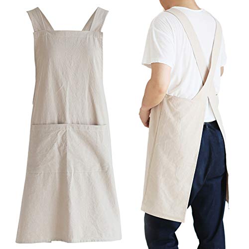 Japanese Linen Cross Back Kitchen Cooking Aprons for Men with Pockets for Baking Painting Gardening Cleaning Khaki