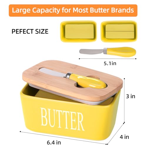 Ceramic Butter Dish with Bamboo Lid and Stainless Steel Knife Spreader