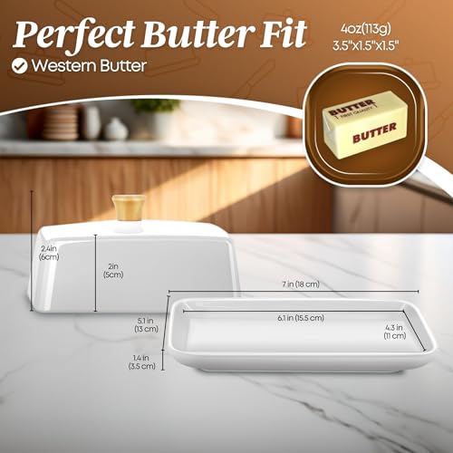 Ceramic White European Butter Dish with Lid for Countertop