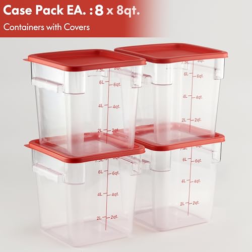 8 Pack 8 Qt NSF Clear Polycarbonate Food Storage Containers with Red Lids (8 Count)