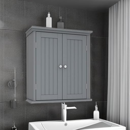 ChooChoo Bathroom Wall Cabinet, Over The Toilet Space Saver Storage Cabinet, Medicine Cabinet with 2 Door and Adjustable Shelves, Cupboard, Grey