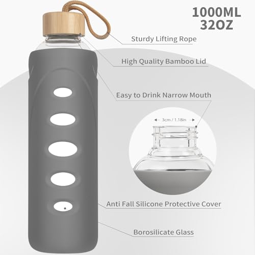 32 oz Narrow Mouth Glass Water Bottle with Windowed Silicone Sleeve