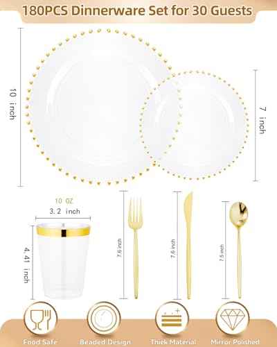 180pcs Clear Gold Plastic Dinnerware Set for Wedding Party (180 Count)