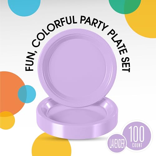 Lavender Plastic Plates for Party 7 Orange Disposable Plates for Party Supplies 100 Pcs Plastic Dinnerware Sets Heavy Duty 350 GSM Disposable Dinnerware Set (100 Count)