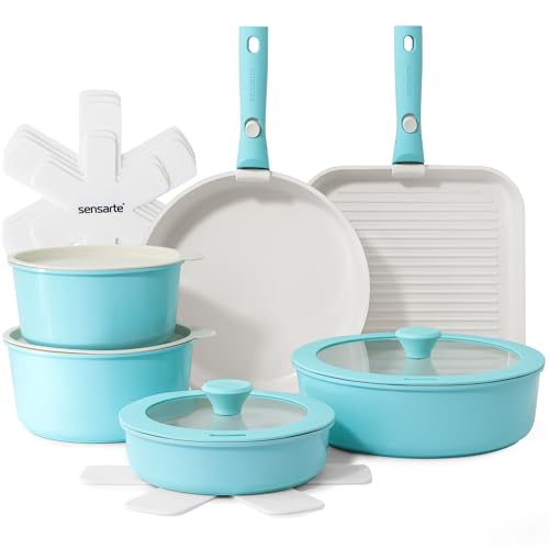 17 Piece Ceramic Detachable Handle Pots and Pans Set Turquoise