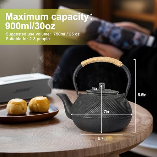 Japanese Tetsubin Cast Iron Teapot Tea Kettle pot with Stainless Steel Infuser for Stovetop Safe Coated with Enameled Interior 30 oz