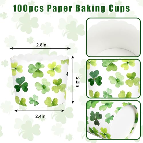 100Pcs St. Patrick's Day Paper Baking Cups Cupcake Wrappers Watercolor Green Shamrock Clover Scalloped Edge Cupcake Muffin Cases for Irish Dessert Decoration (100 Count)