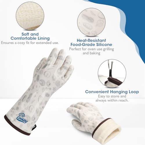 Heat Resistant Gloves Oven Hot Mitts with Fingers Silicone Oven Glove for Cooking Baking Grilling BBQ Cute Print White Large