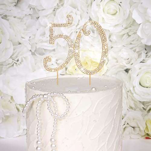 Gold 50th Birthday Cake Topper Rhinestones Cake Decorations for 50th Birthday Party