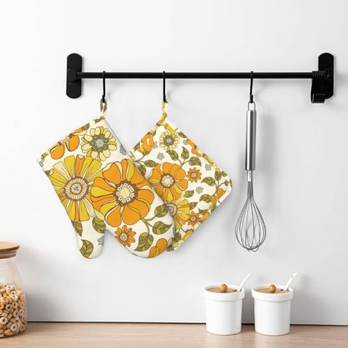 Retro 70s Style Flower Oven Mitts and Pot Holders Sets Silicone Kitchen Mitts Potholders Heat Resistant 4Pcs Oven Gloves Hot Pads for Kitchen Baking Cooking BBQ Grilling (4 Count)