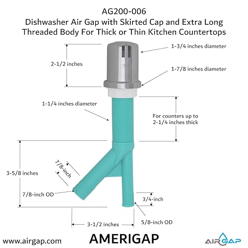 Dishwasher Air Gap with Skirted Cap and Extra Long Threaded Body for Thick or Thin Kitchen Countertops