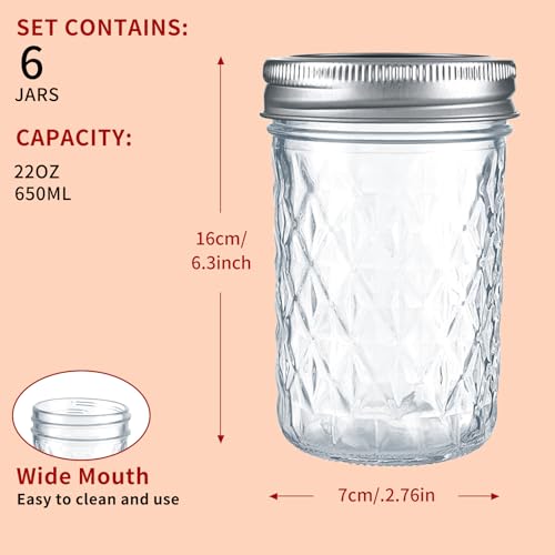 22oz 650ml Glass Mason Jars 6 Pack (6 Count)