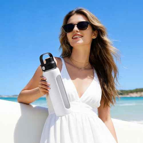 24 oz Glass Water Bottle with Straw and 2 Lids