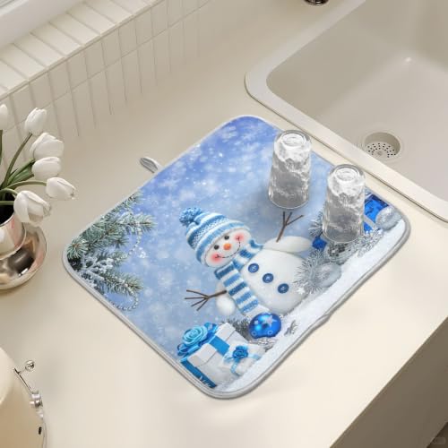 Christmas Snowman Winter Dish Drying Mat for Kitchen Counter Absorbent Microfiber Small Drying Pad Dish Mats Snowflake for Kitchen Countertops 16 x 18 Inch