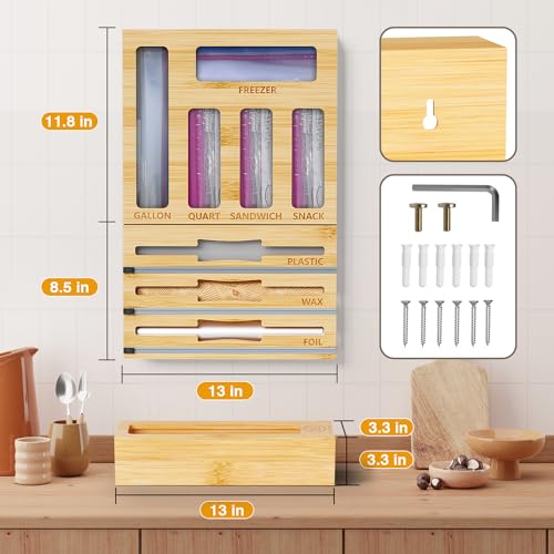9 IN1 Bamboo Storage Bag Drawer Organizer with Cutter