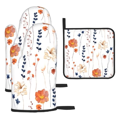 Watercolor Orange Floral Oven Mitts and Pot Holders Set Heat Resistant Non Slip Set of 3 Navy Blue and Orange Flower Decorative Kitchen Gloves Hot Pads for Cooking BBQ Baking Grilling (3 Count)