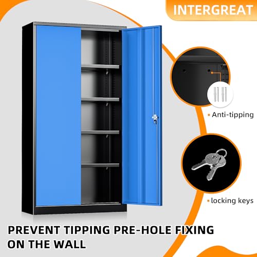 Metal Storage Cabinets 72” Black Blue Garage Steel Storage Cabinet with Doors and Shelves