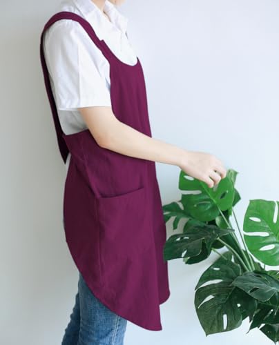 Japanese Cotton Cross Back Kitchen Cooking Aprons for Women with Pockets Cute for Baking Painting Gardening Cleaning Dark Red