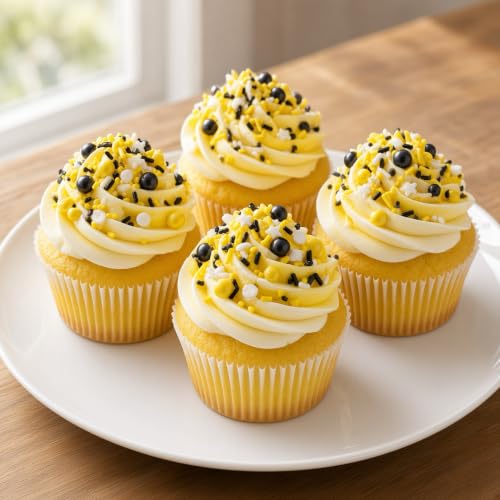 Yellow & Black & White Sprinkles Mix Size Pearls Bumble Bee Themed Cake Decorations Cupcake Toppers Perfect for Wedding Valentine Supplies 4.58OZ (4.58 Ounce)