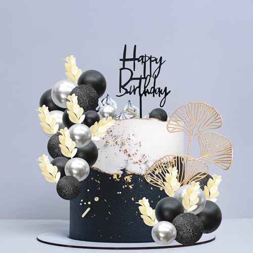 57Pcs Balls Cake Topper Boho Grass Cake topper Pearl Balls Acrylic Happy Birthday Cake Decorations for Wedding Baby Shower Birthday Boho Themed Party Supplies Black Silver (57 Count)