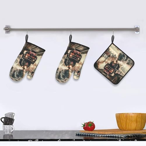 Train Travelling Oven Mitts and Pot Holders Sets of 3 Heat Resistant Oven Gloves Hot Pads Non (4.33 Count)