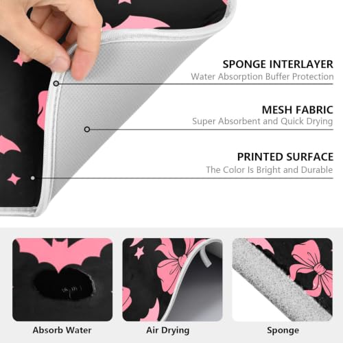 Halloween Dish Drying Mat for Kitchen Counter Absorbent Microfiber Large Drying Pad Pink Bat Bow Dish Mats for Kitchen Countertops 18 x 24 Inch