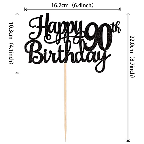 1 PCS Happy 90th Birthday Cake Topper Glitter Cheers to 90 Years Birthday Cake Pick 90 Fabulous Cake Decoration for Happy 90th Birthday Theme Party Decorations Supplies Black