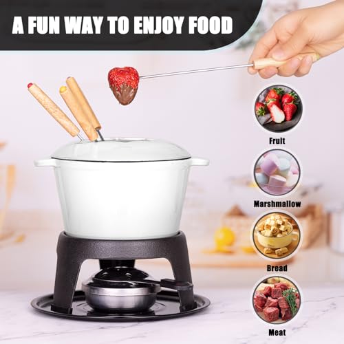 Cast Iron Fondue Pot Set White Enameled 1.6 Qt for Cheese