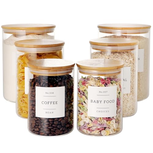 Set of 6 Glass Flour and Sugar jars with 132 Kitchen Pantry Labels