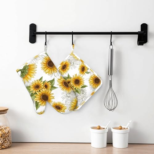 Yellow Sunflower Oven Mitts Pot Holders Set Silicone Heat Resistant Sunflowers Oven Mitts and Hot Pads Yellow Flowers Potholders Non