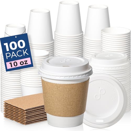 100 Pack 10 oz Disposable Coffee Cups with Lids (100 Count)