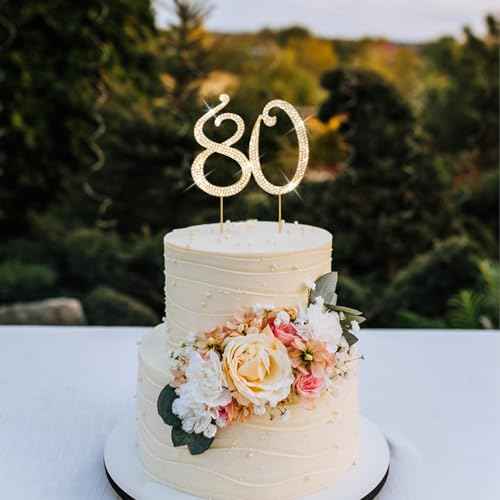 Cake Topper 80th Birthday Decorations for Women Gold Rhinestone Cake Toppers