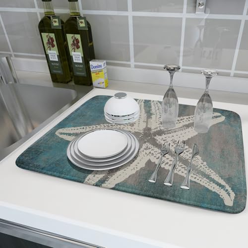 Vintage Starfish Dish Drying Mat Coastal Beachy Nautical Drainer Rack Mat 18"x24" Absorbent Washable Dish Dry Pad for Kitchen Counter Sink