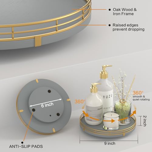 9 Inch Gray Lazy Susan Spice Organizer for Cabinet with Gold Rail