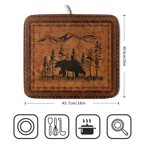 Forest Bear Dish Drying Mat 16x18 Inch Rustic Cabin Washable Microfiber Absorbent Dishes Drainer Rack Pad for Kitchen Counter Home Decor