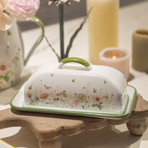 Enamel Butter Dish with Lid Vintage Enamelware Butter Keeper with Flower and Bee Patterns Farmhouse Butter holder Butter container for Kitchen Decor